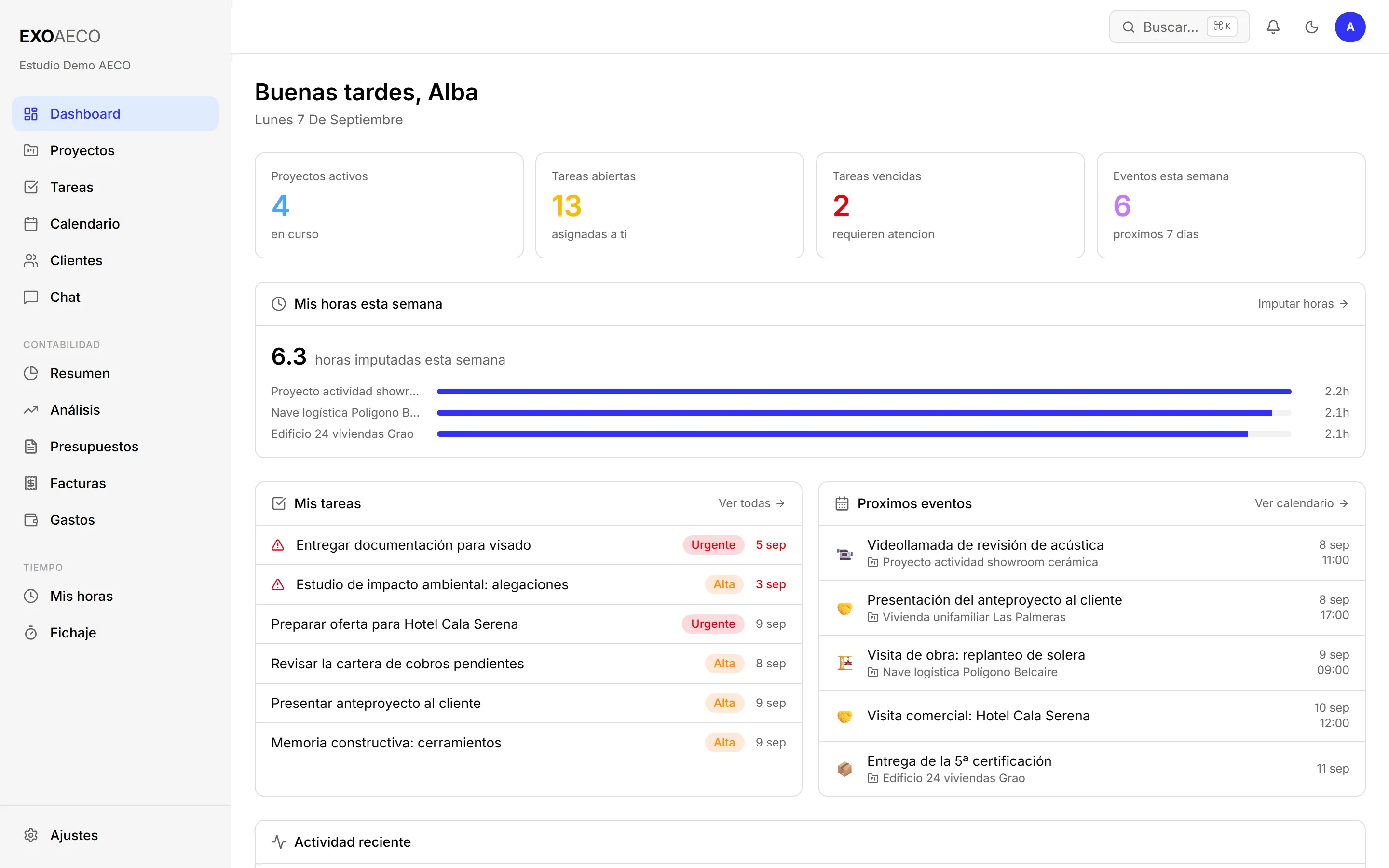 Panel de Exo AECO con proyectos activos, tareas, horas imputadas y próximos eventos